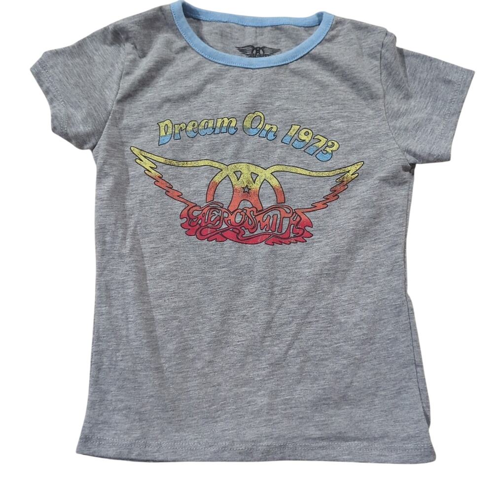 Girls 4t Tshirt Top Aerosmith Band Top Gray Blue Dream On 1973 EUC